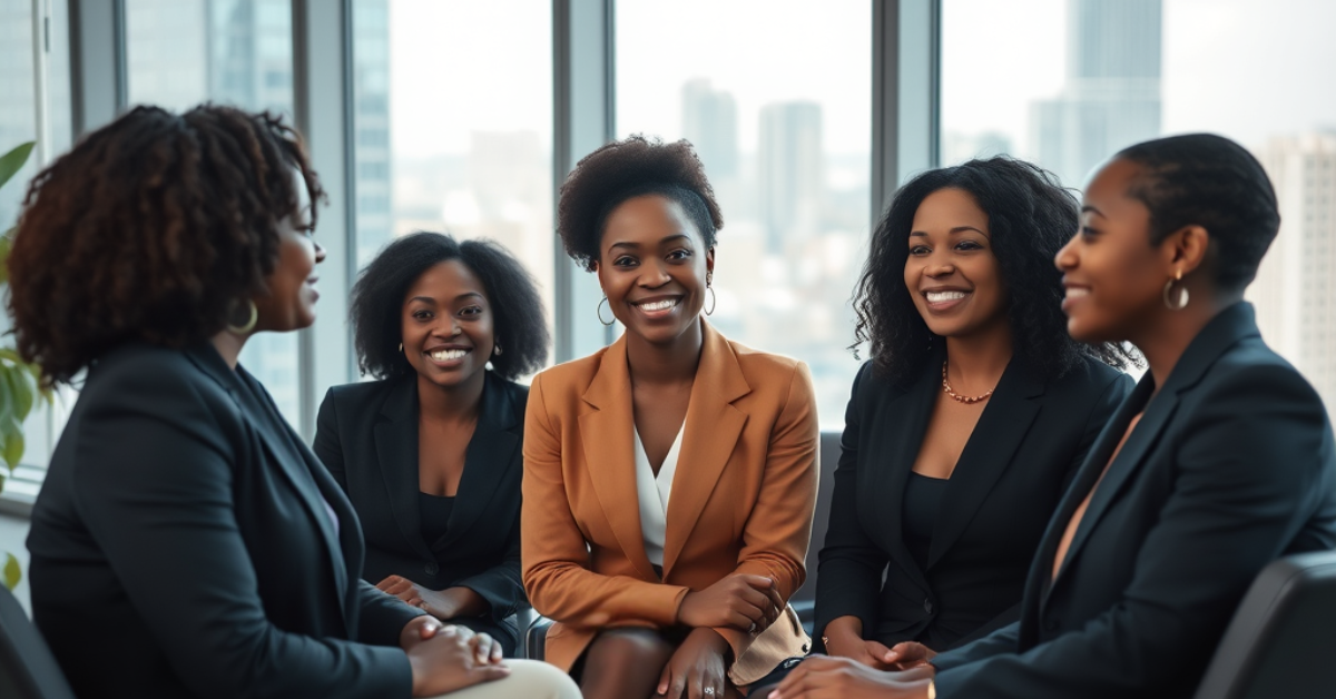 A group of diverse, confident African American/Black women in professional attire engaged in a mentorship session.